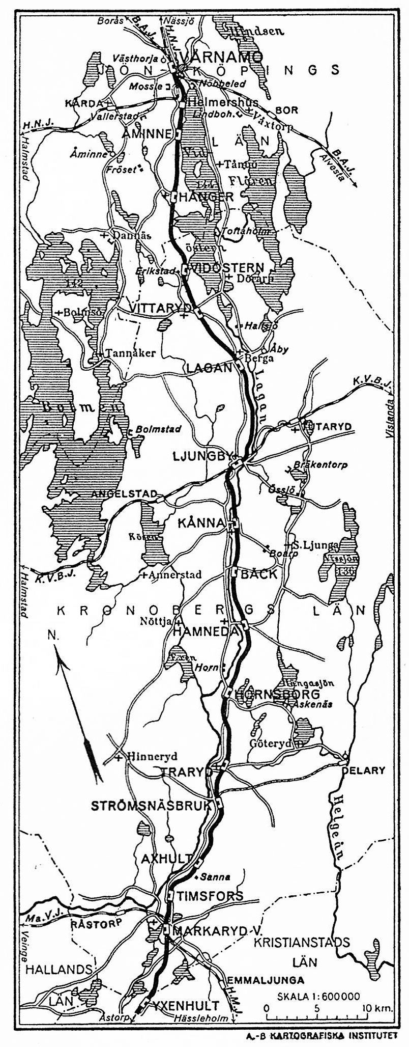 Skåne–Smålands Järnväg (SSJ). Sträckan Värnamo-Markaryd. Karta