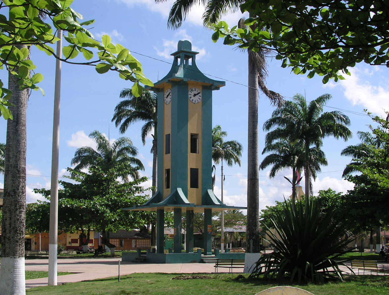 Puerto Maldonado, Plaza de Armas, Peru. Central monument with a…