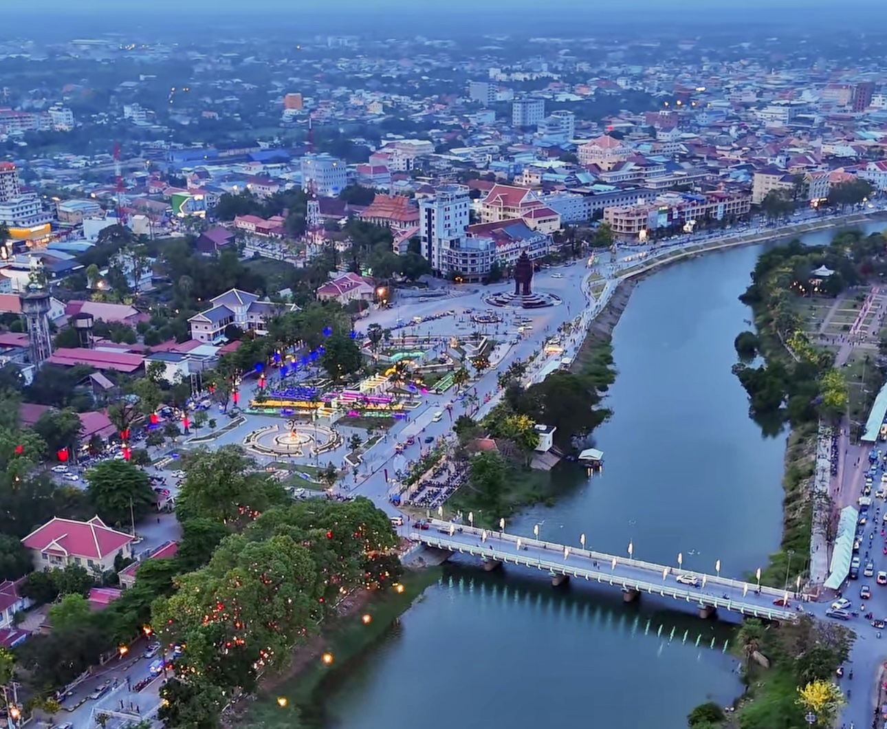 Aerial view of Battambang city captured by drone camera