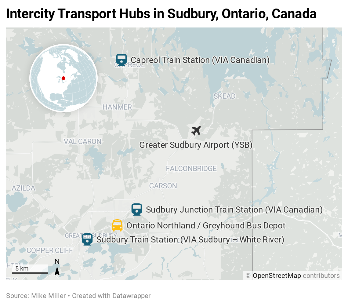 Map of intercity transport hubs in Sudbury, Ontario, Canada