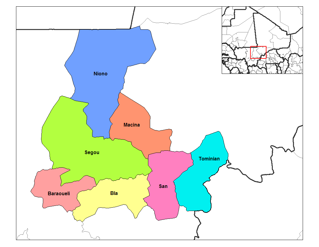 Map of the cercles of Segou region in Mali. Created using MapIn…