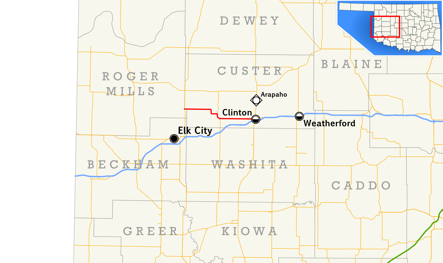 A map showing the path of State Highway 73 in Oklahoma
