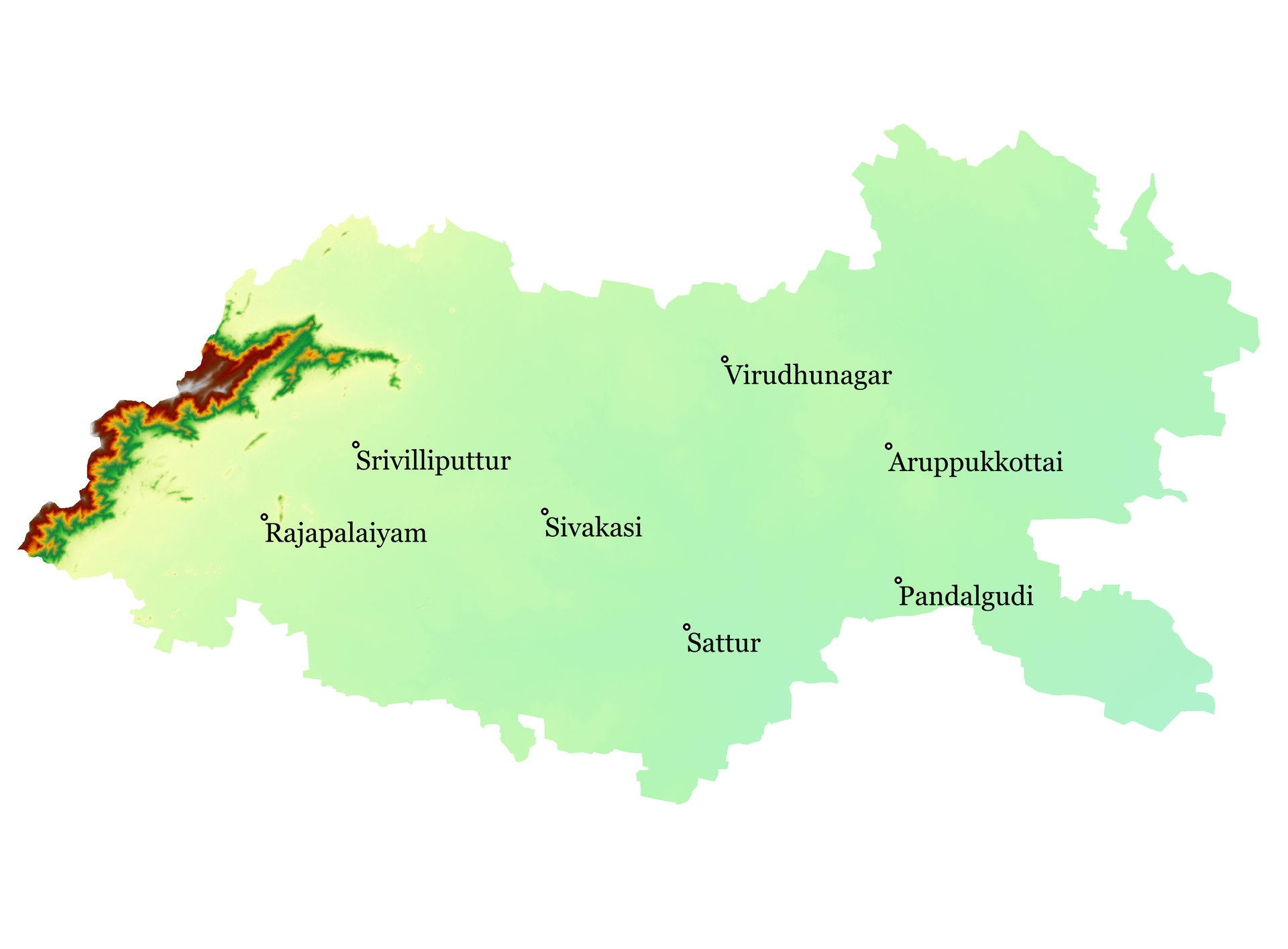 Physical Relief map showing elevation in Virudhunagar district
