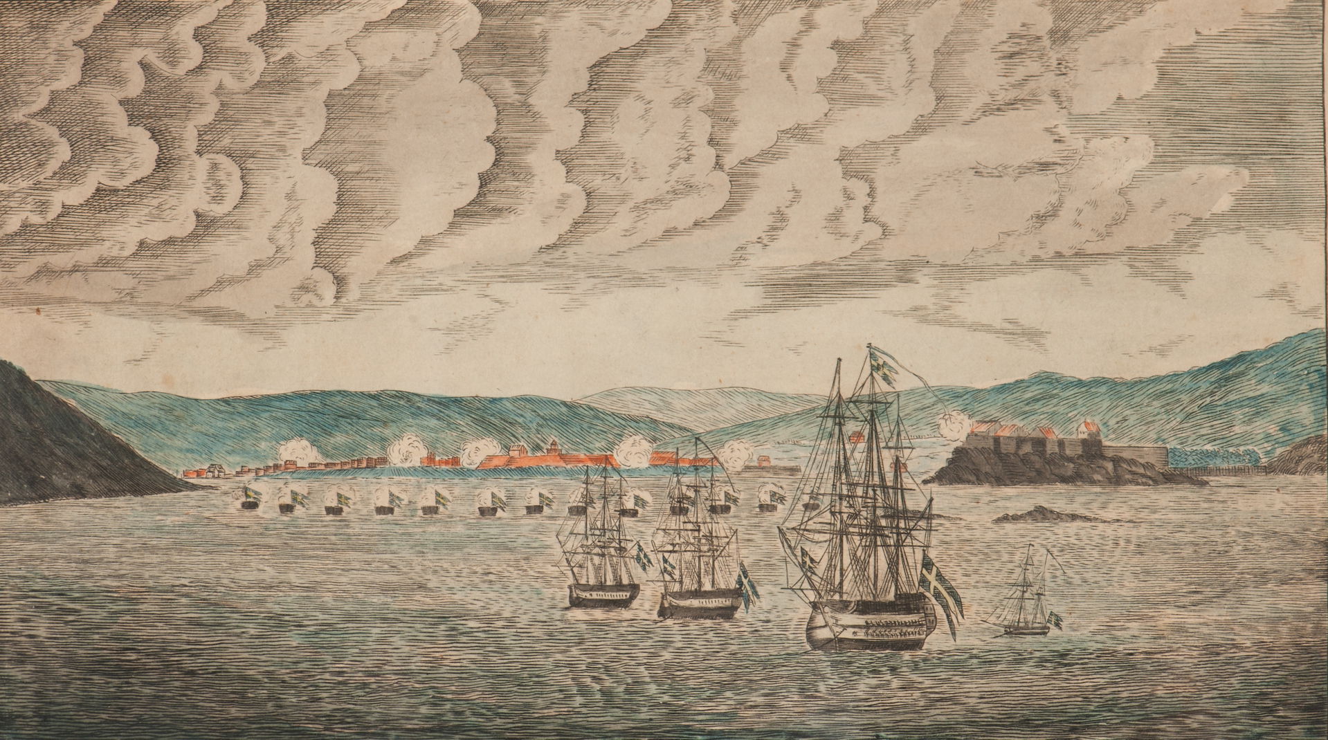 Målning som visar det svenska anfallet på Fredrikstad i Norge 1…
