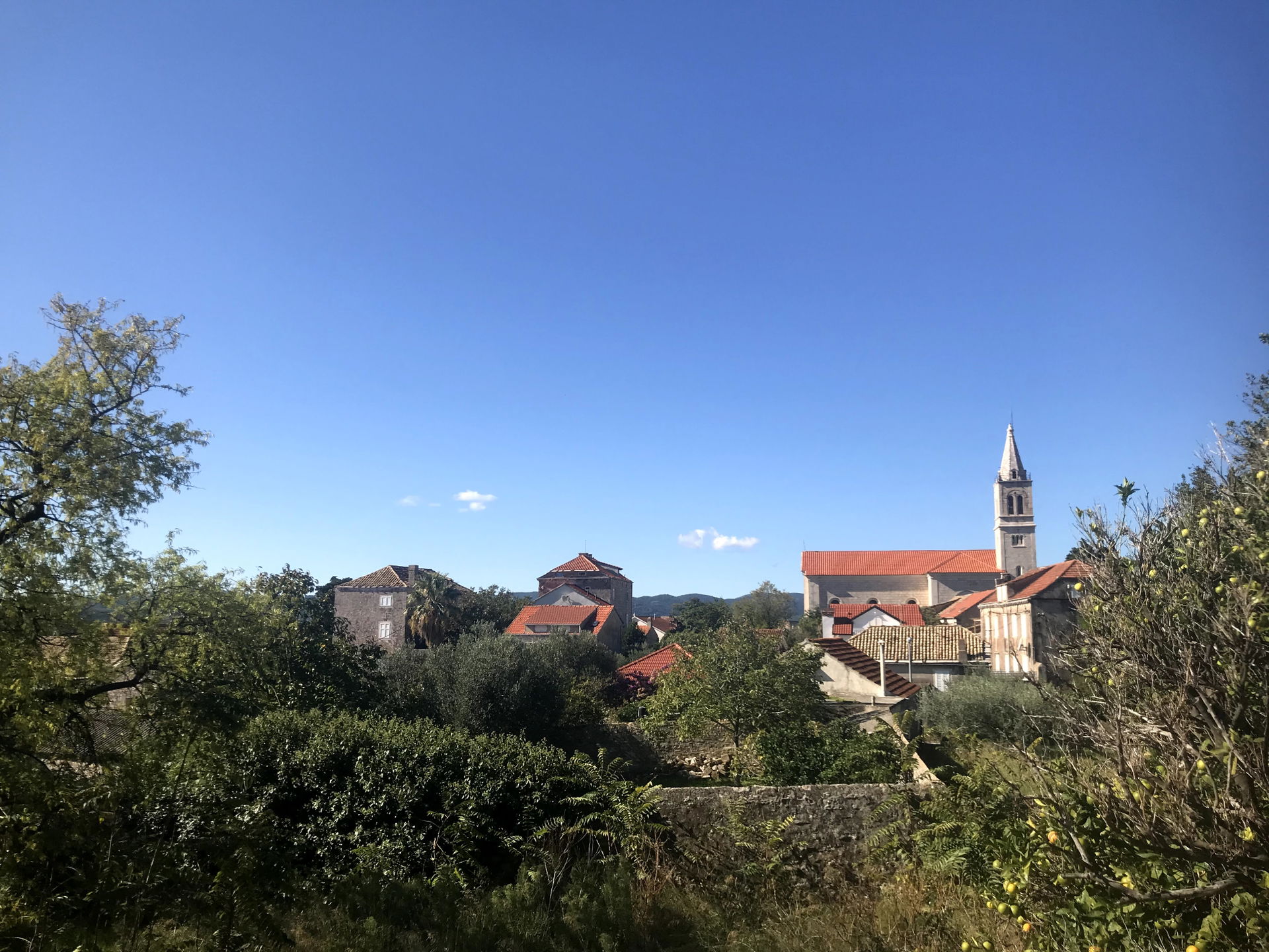 View from Ulica Kastel 16 first story window of church in Orebi…