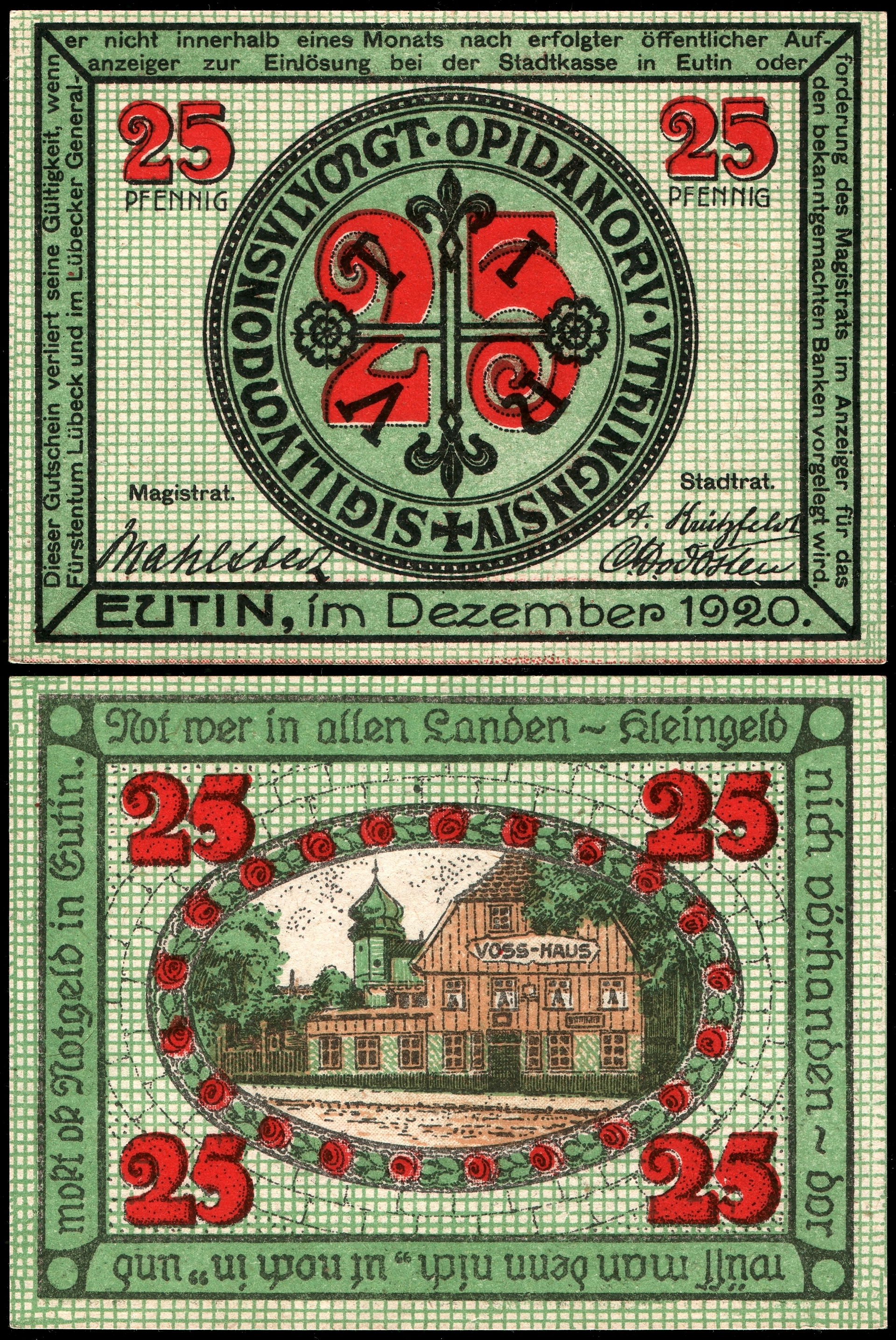 25 Pfennig "Notgeld" banknote of Eutin, RV: Voss-Haus, size: 62…