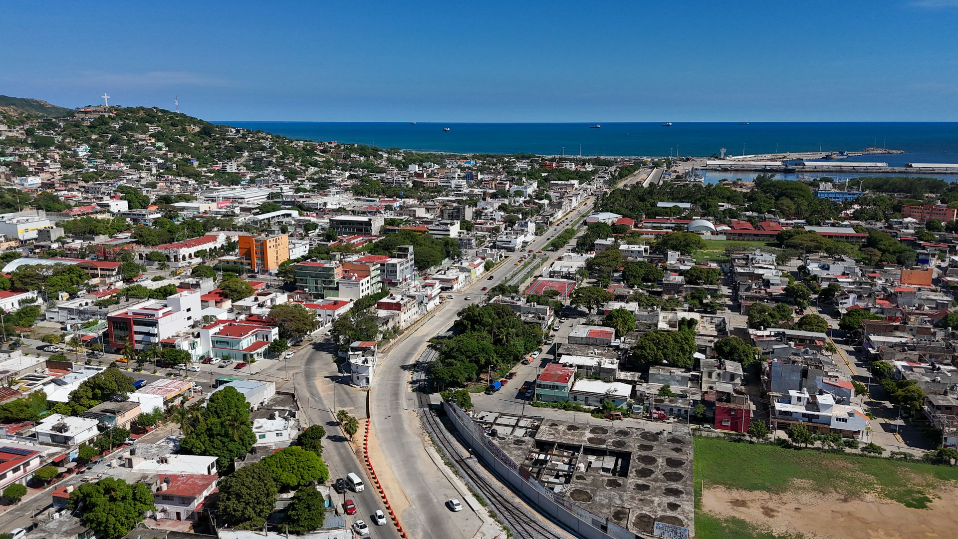 Aerial drone shot of the city of Salina Cruz, Oaxaca, Mexico.