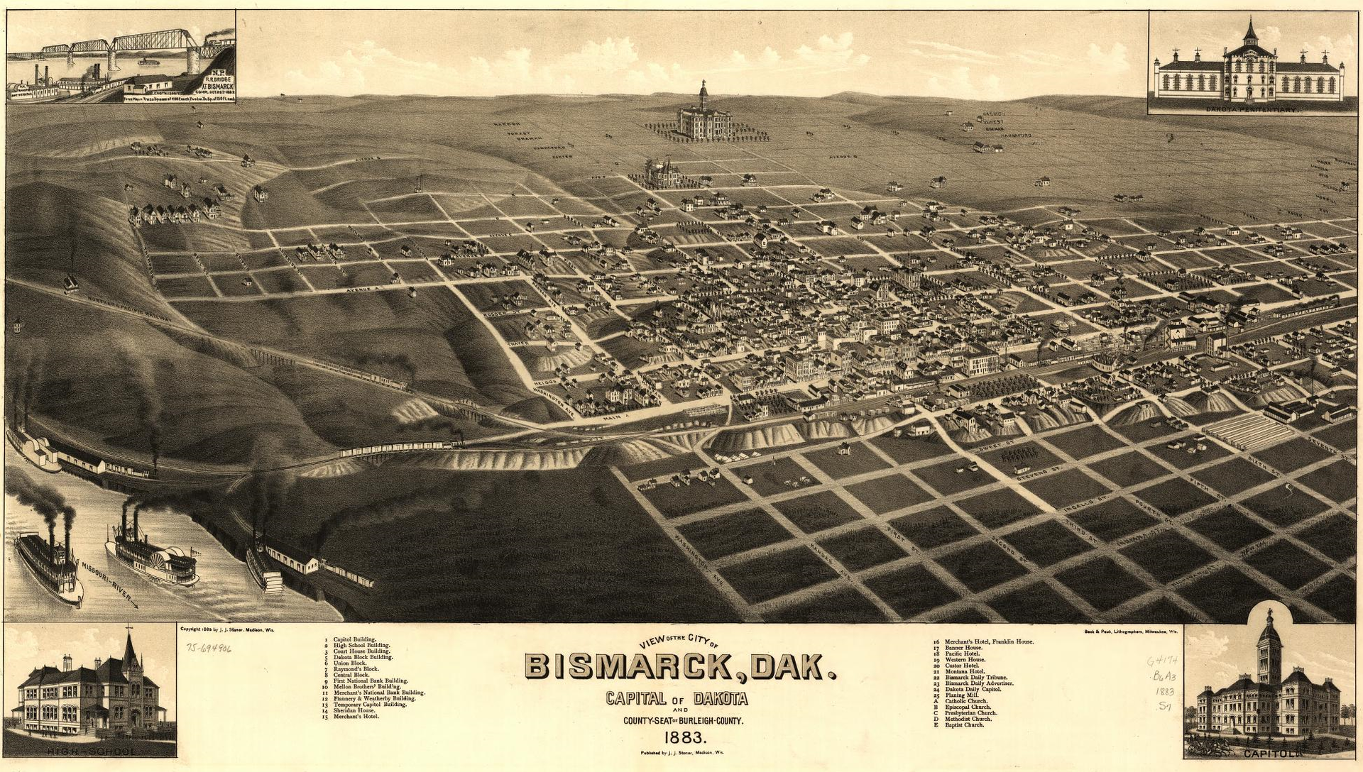 Bird’s-eye view of Bismarck, the capital of North Dakota, in 18…