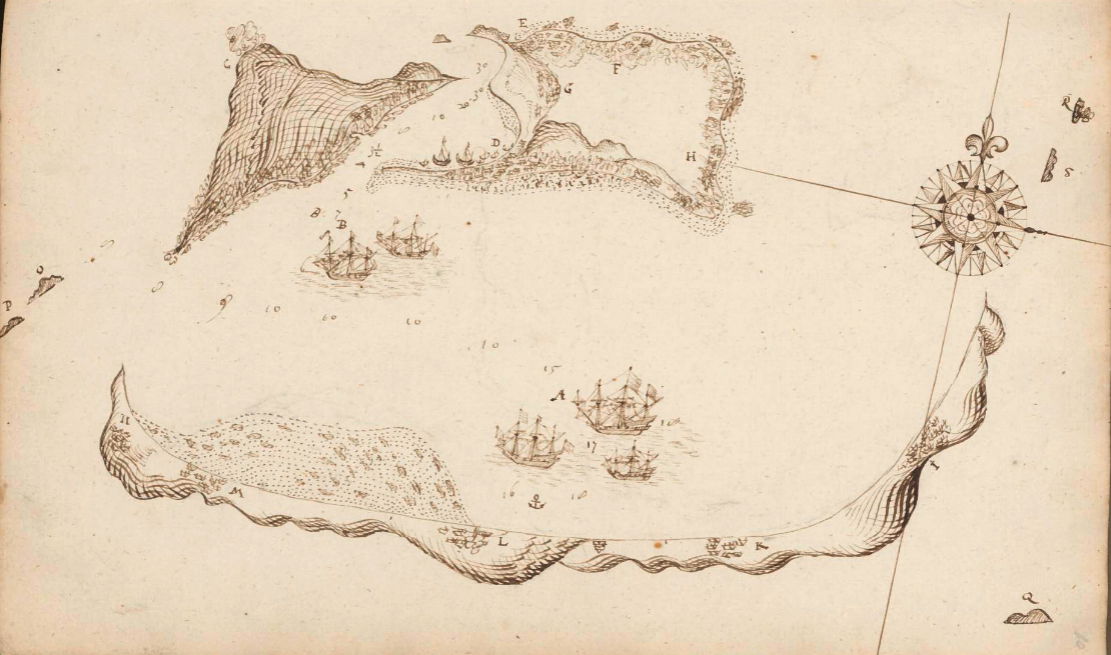 Map of Banda and the ships of the fleet of Wolfert Harmensz in …