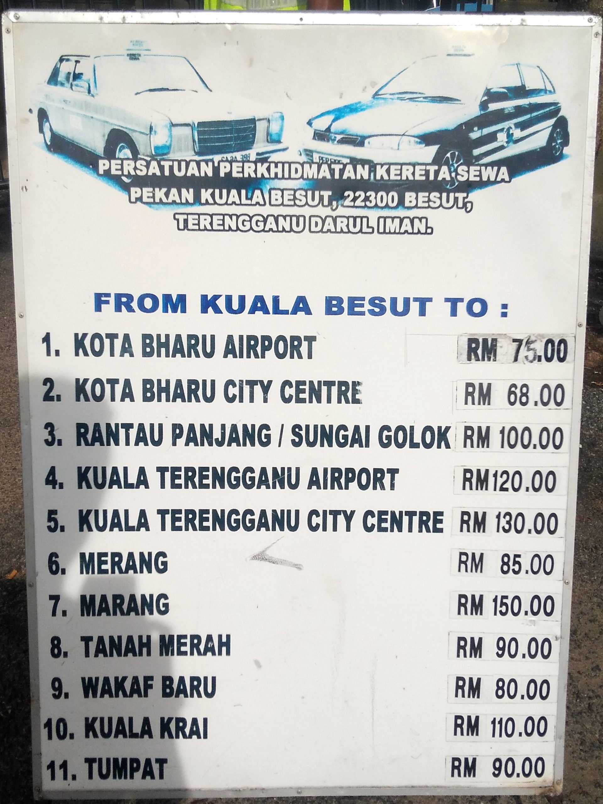 Kuala Besut jetty taxi fares, June 2018