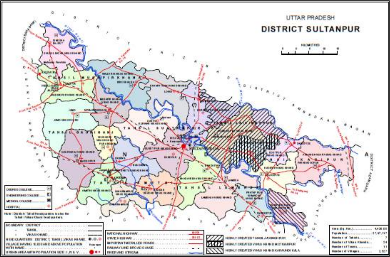 Map of Sultanpur district, originally from the 2011 Census dist…