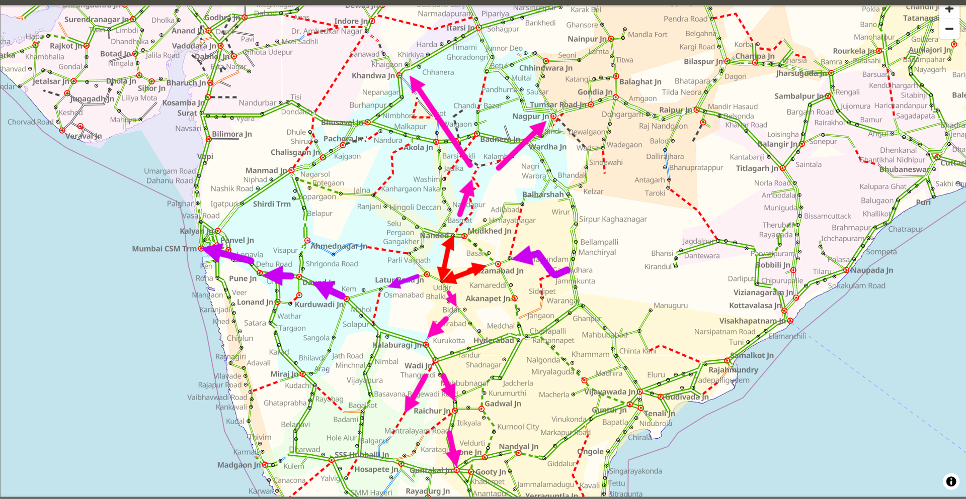 Map illustrating a railway line connecting Nanded and Nizamabad…