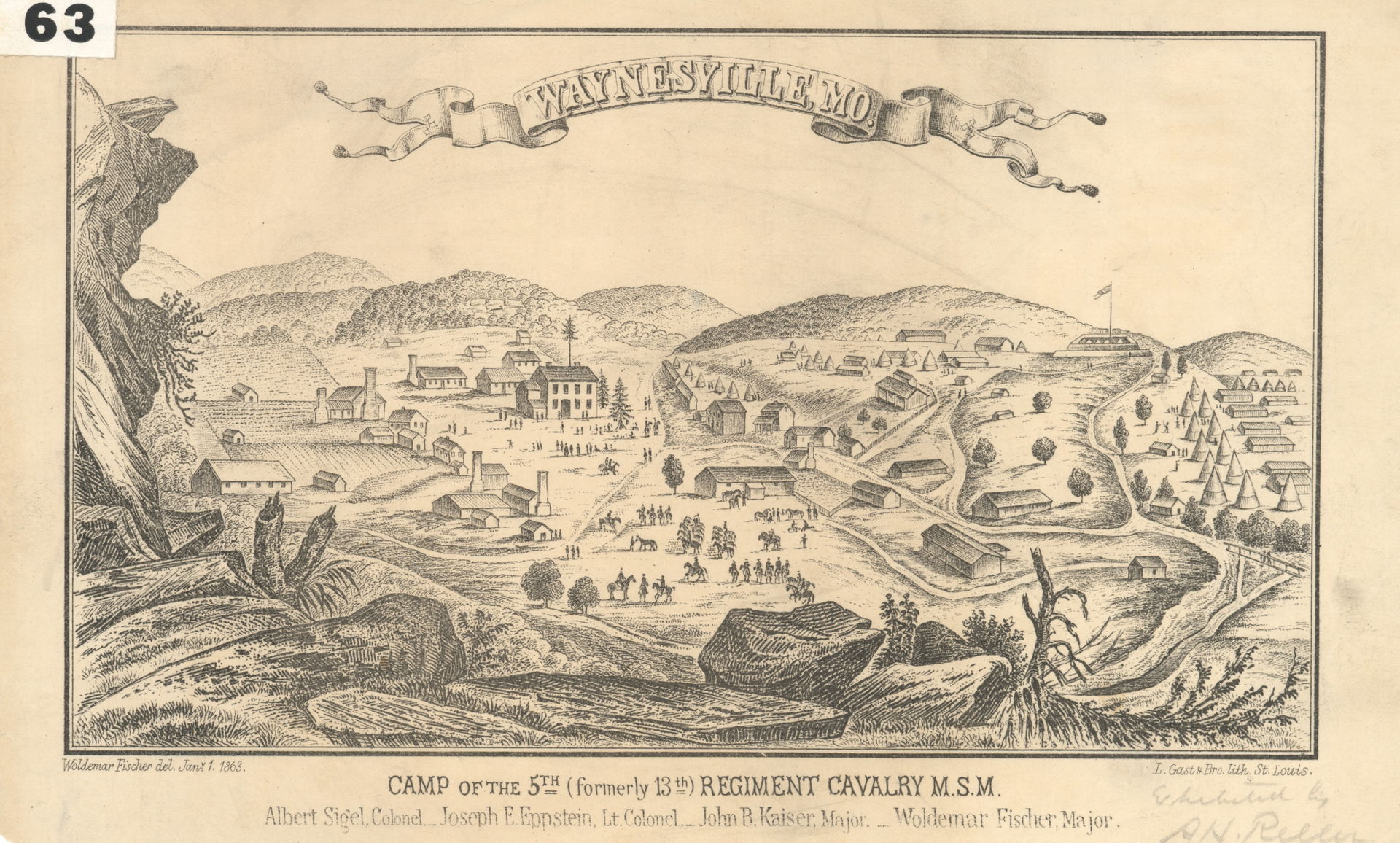 Print of a military camp scene and town. "WAYNESVILLE, MO. CAMP…