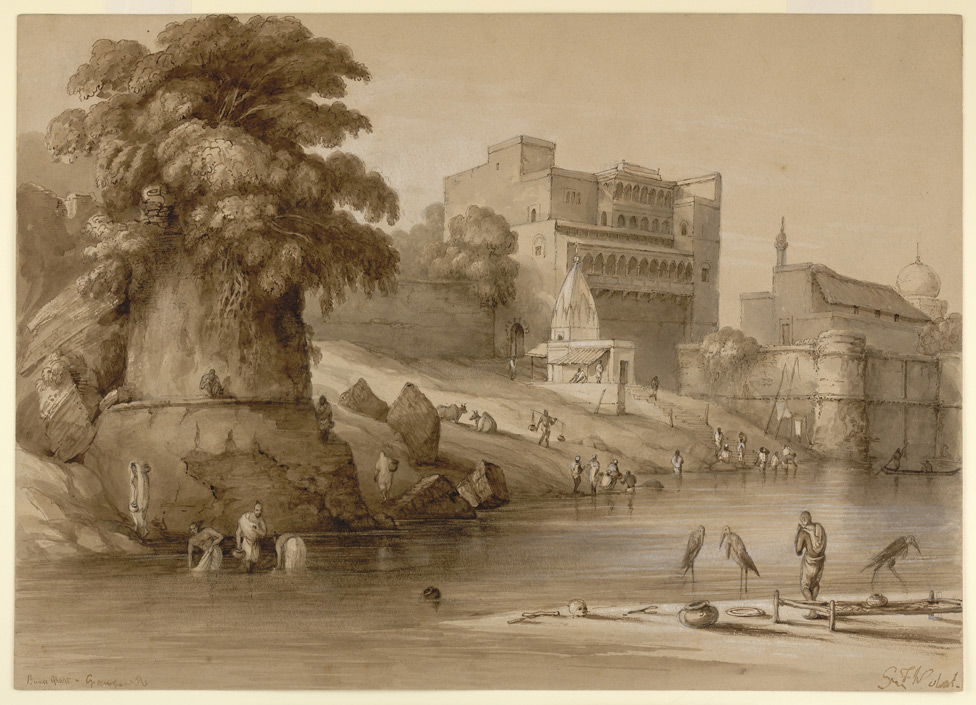 Part of Buxar fort, showing a shrine and ghat below, with peopl…