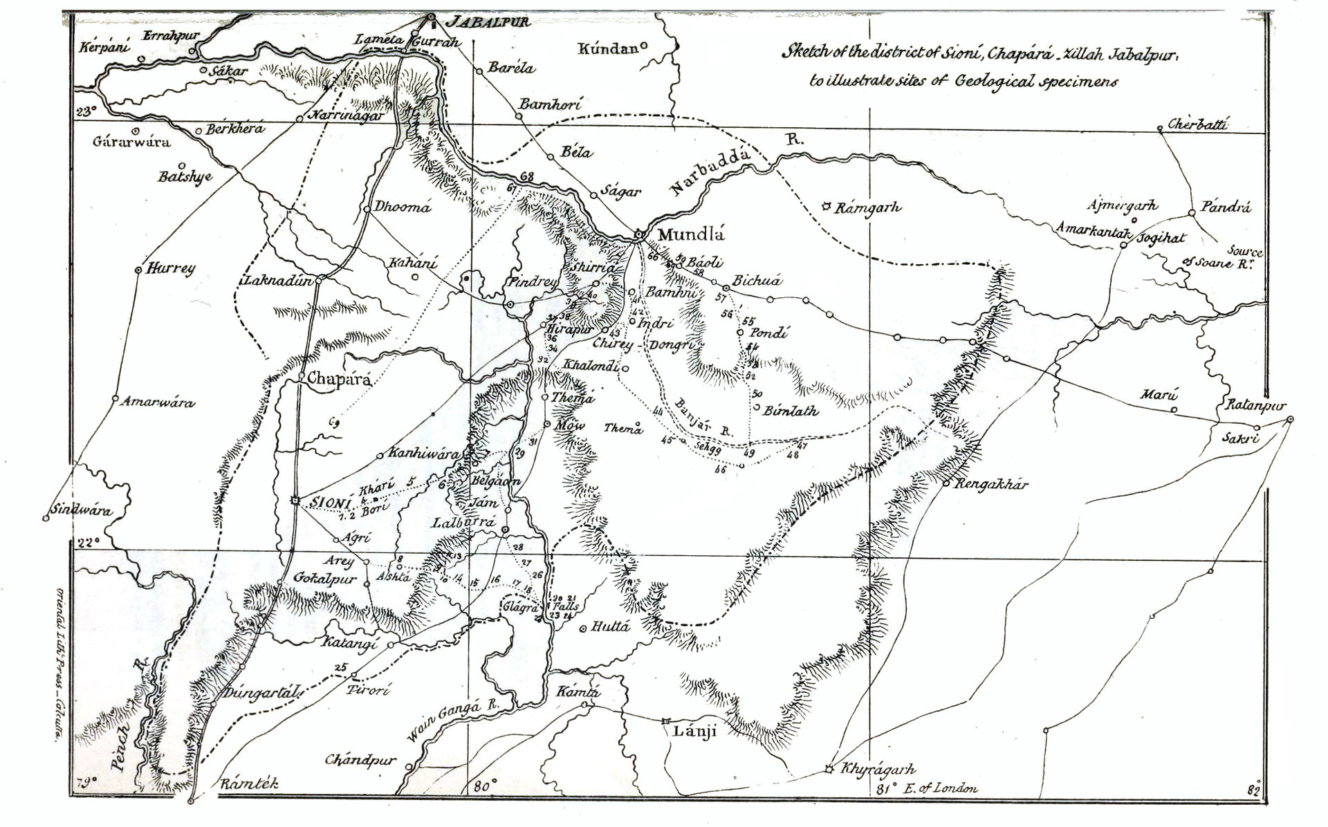 Map of Seoni and central India in 1837