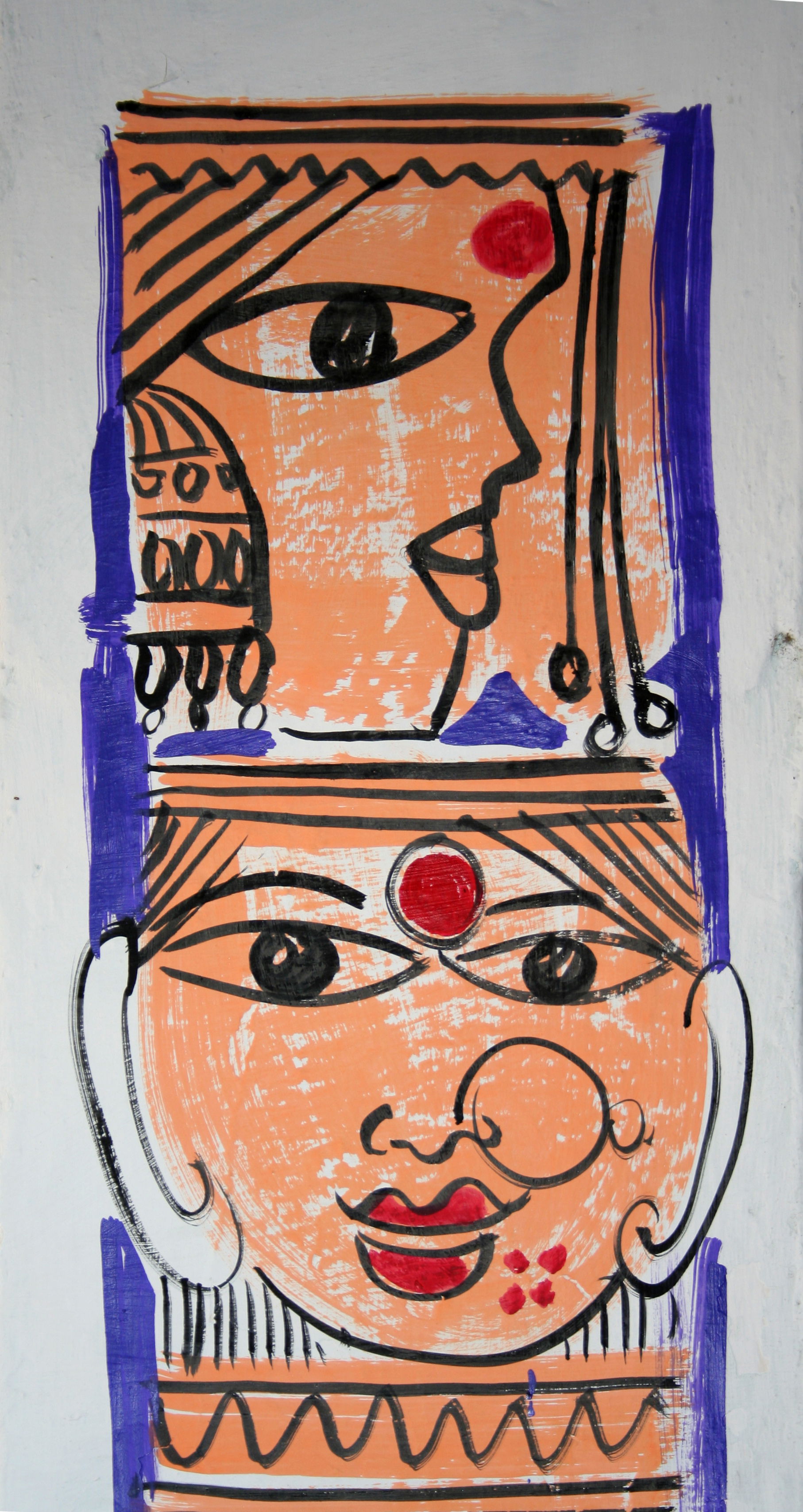 Women's heads, traditional wall painting by villagers, near Kat…
