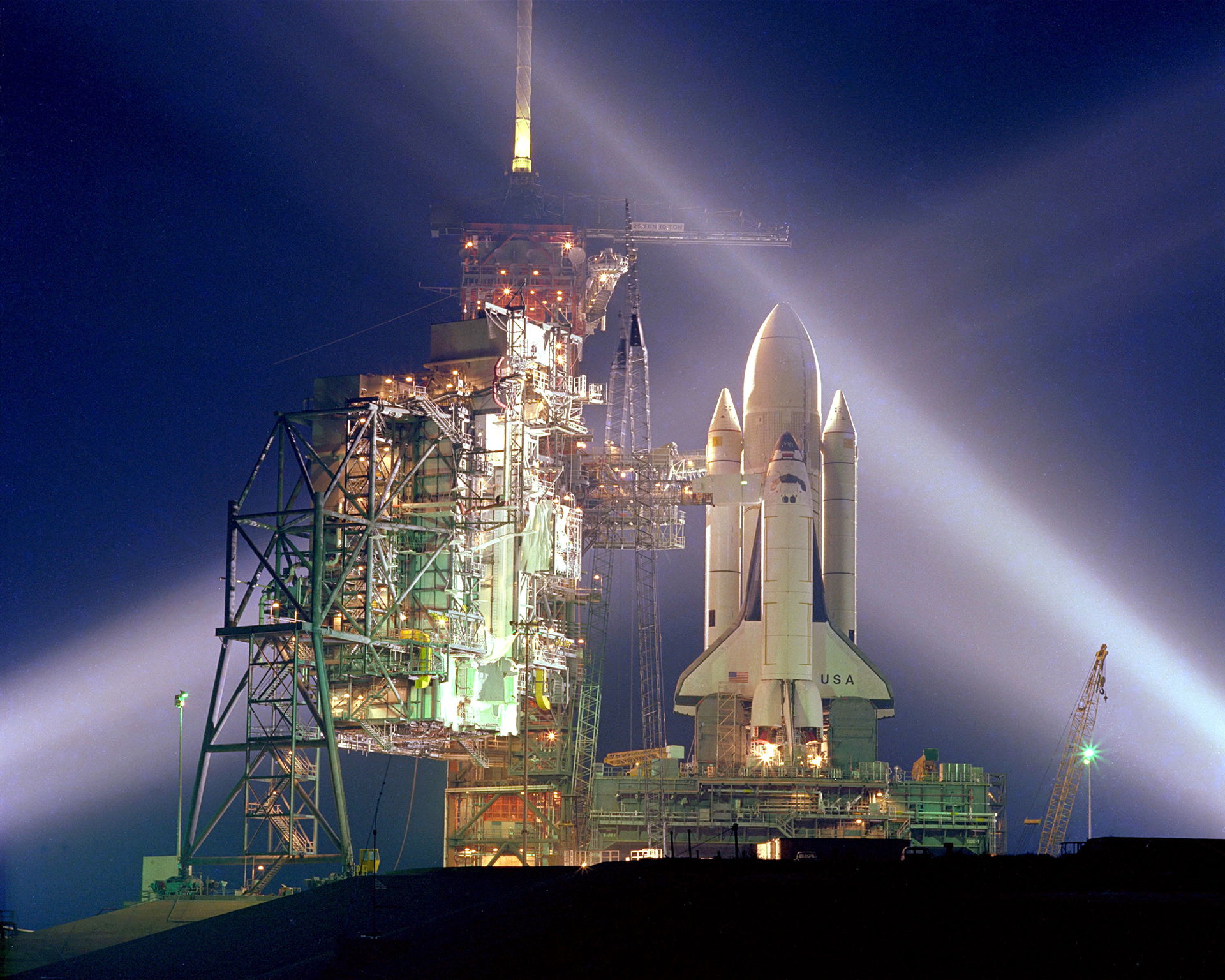 A timed exposure of the first Space Shuttle mission, STS-1, at …