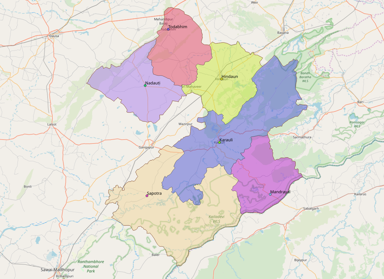 Karauli district with subdistricts, OSM data; QGIS