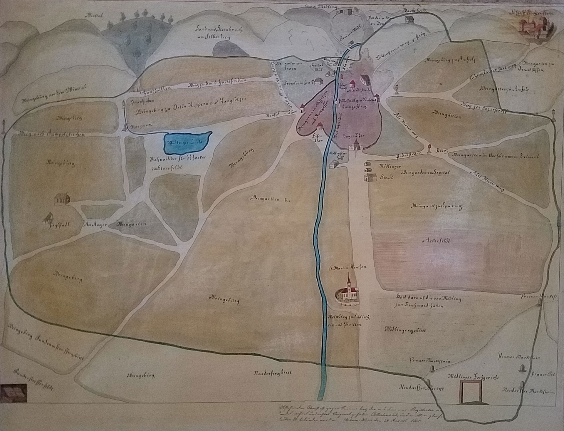 Court map the Burgfriedenplan of Mödling of 1610
