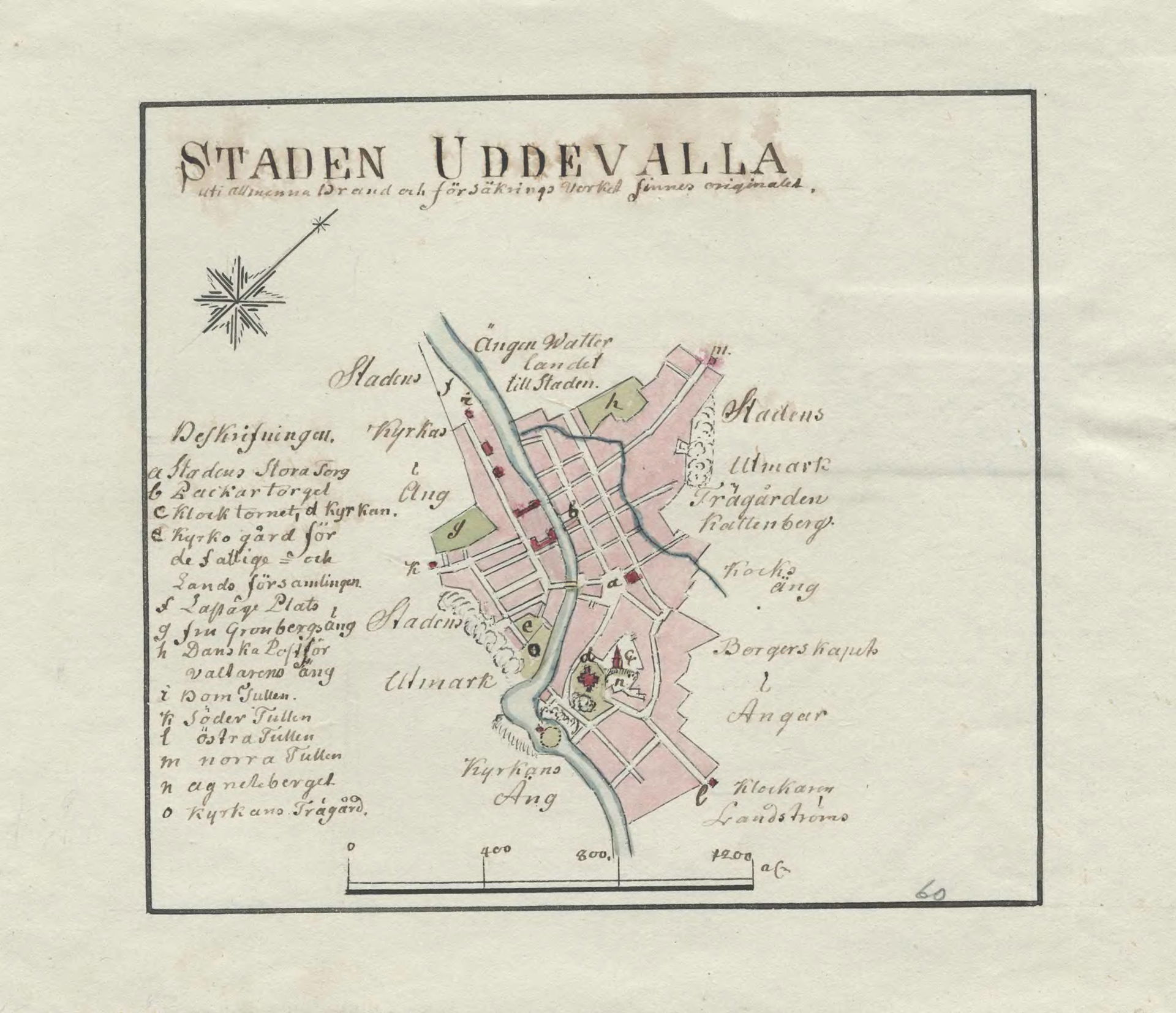 Hand drawn 18th century map of Uddevalla, Sweden
