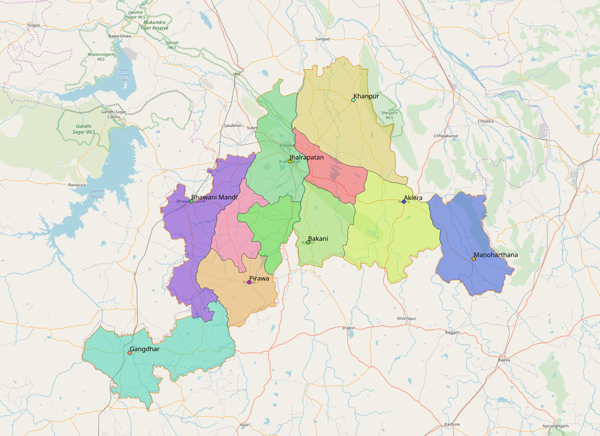 Jhalawar district with subdistricts, OSM data ; QGIS