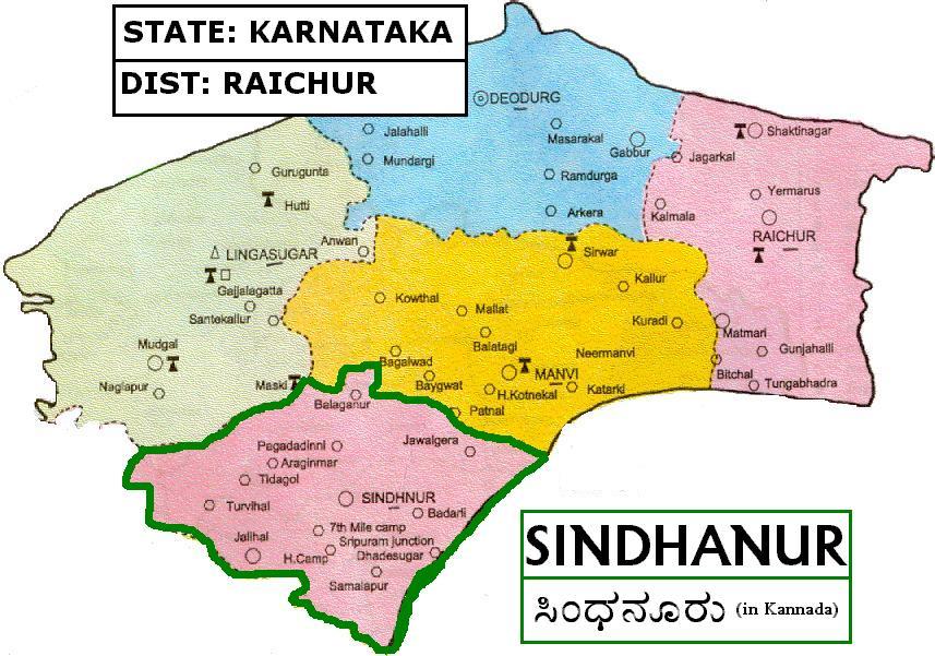Map of Sindhanur Taluk in Raichur District, Karnataka, India.