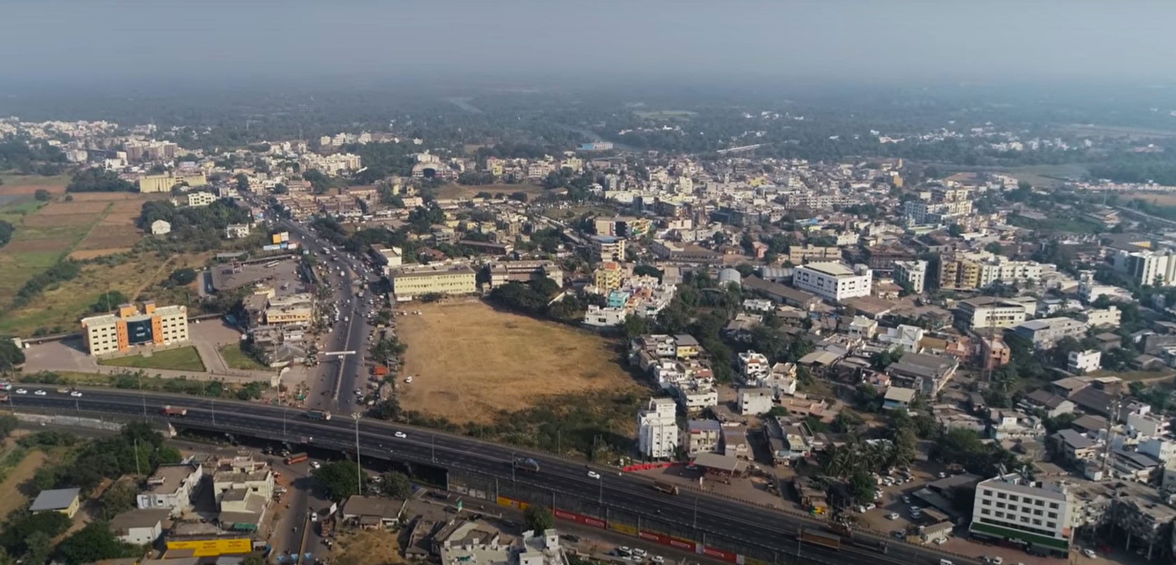 A drone view of of Chikhli, city located near Navsari district …