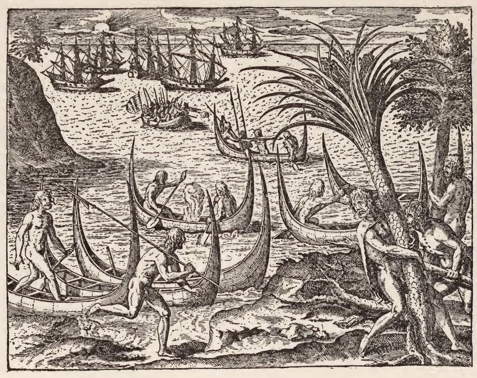 People on Tierra del Fuego in 1599 and ships of the Magelhaense…