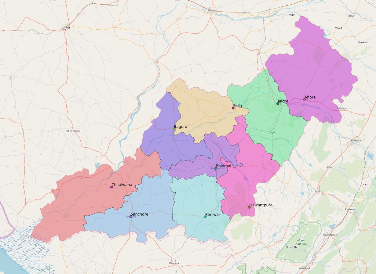 Jalore district with subdistricts, OSM data;QGIS