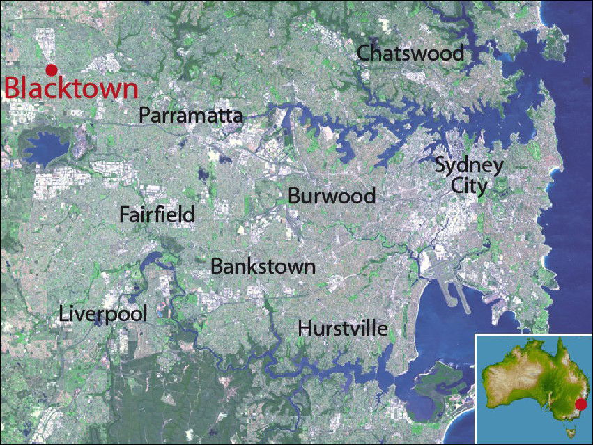 Map of Sydney, highlighting location of Blacktown, New South Wa…