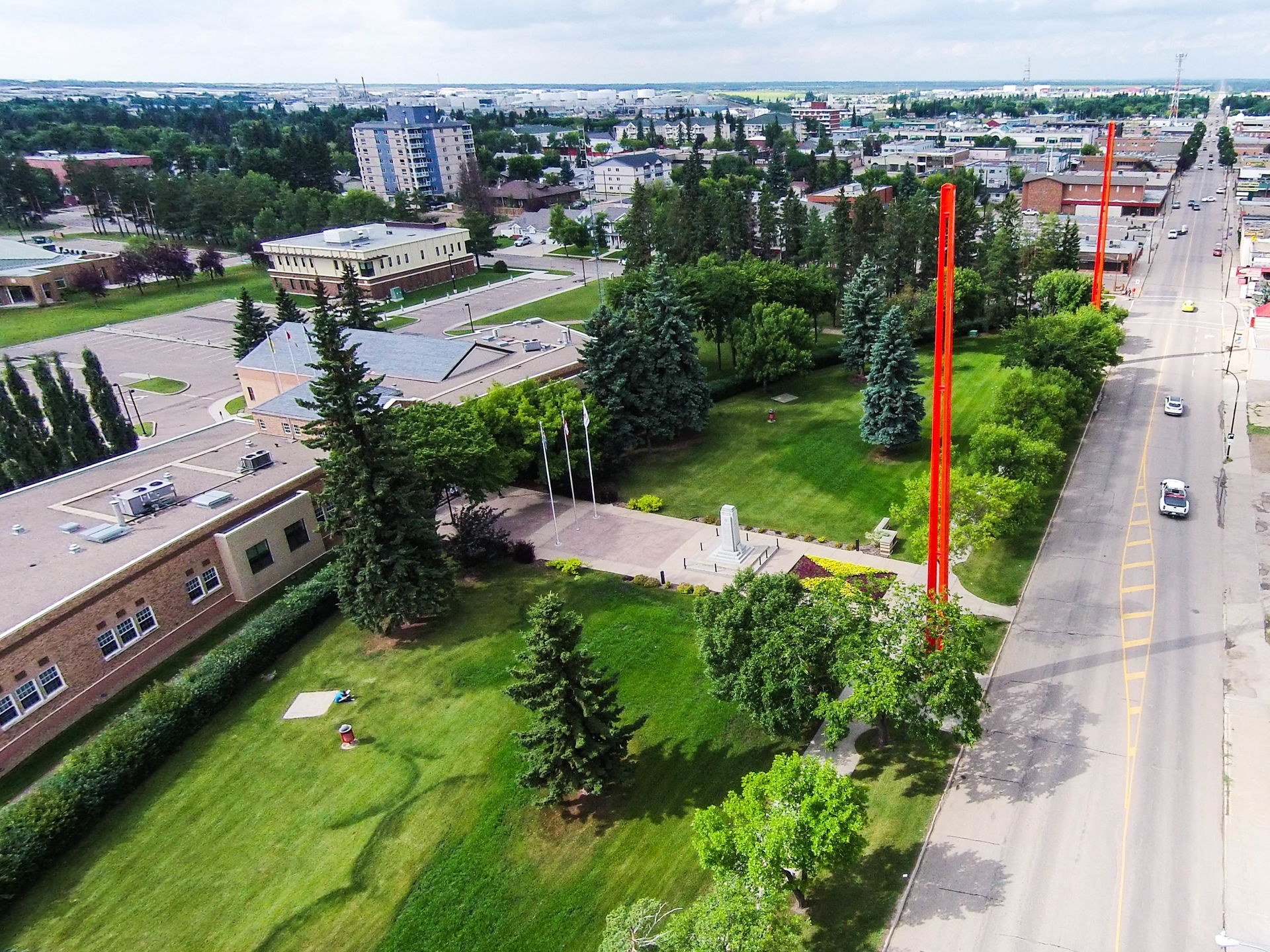 An aerial view of Lloydminster City Hall looking North along th…