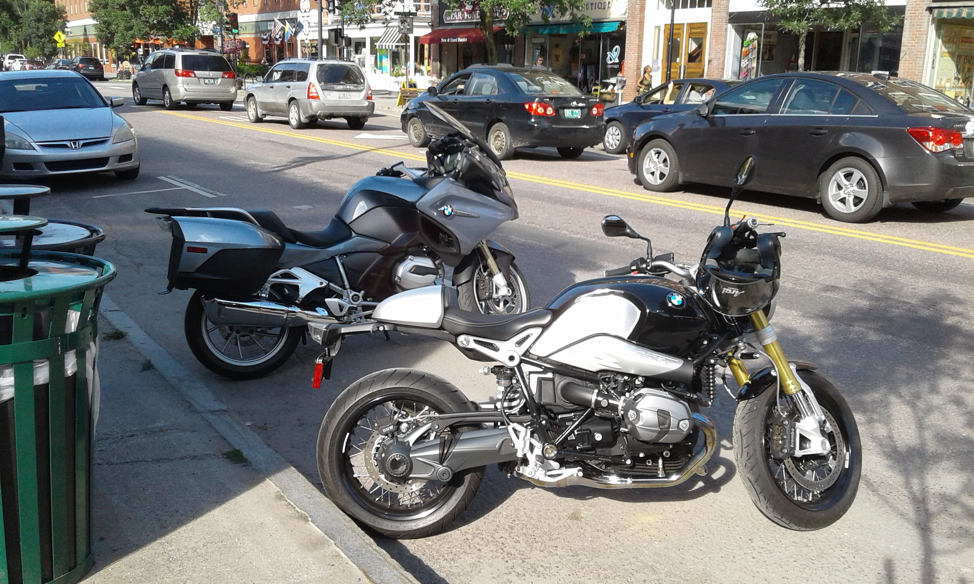 BMW motorcycles on Main Street in Montpelier, Vermont.