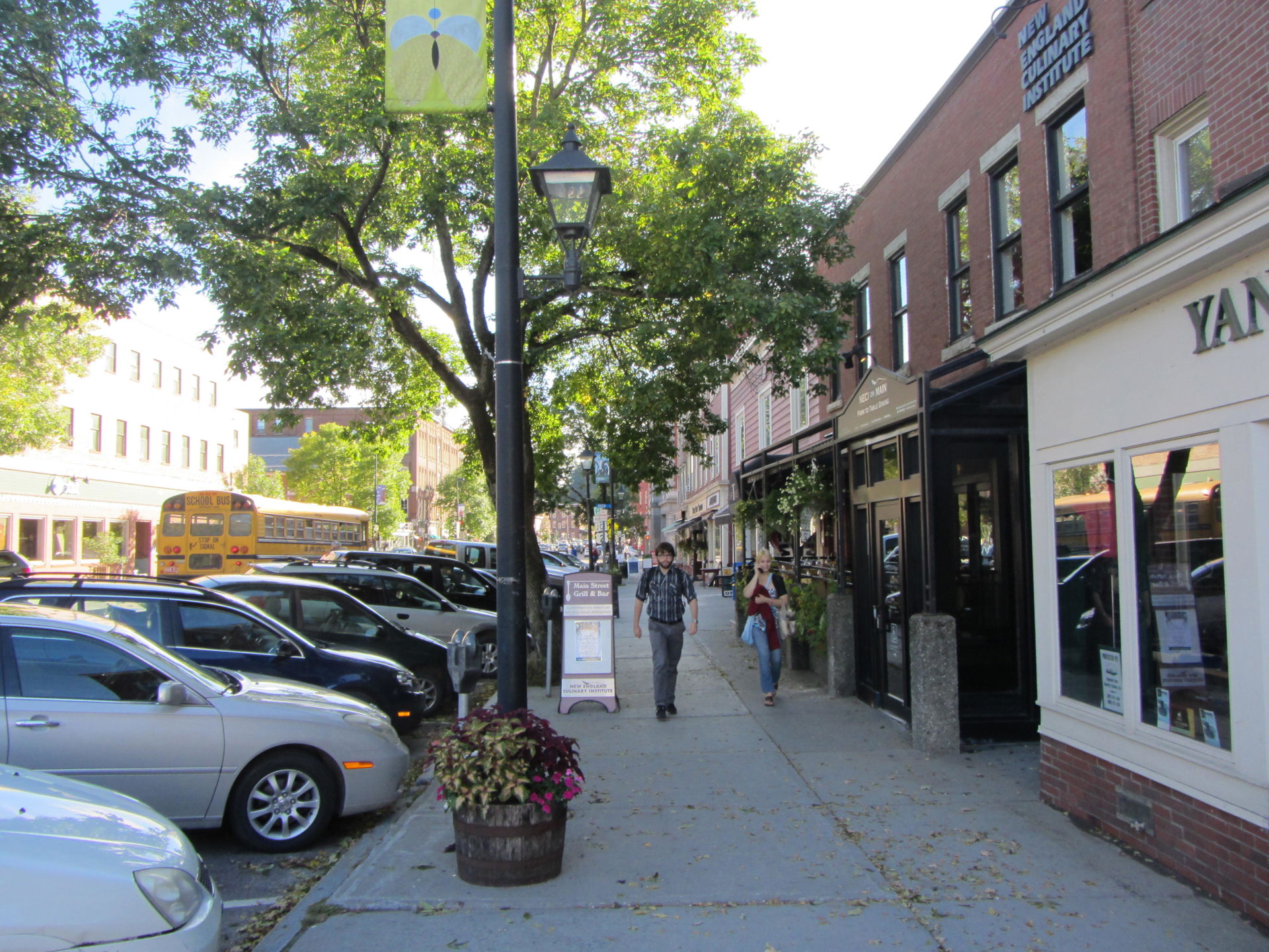 Main Street sidewalk downtown Montpelier, Vermont.