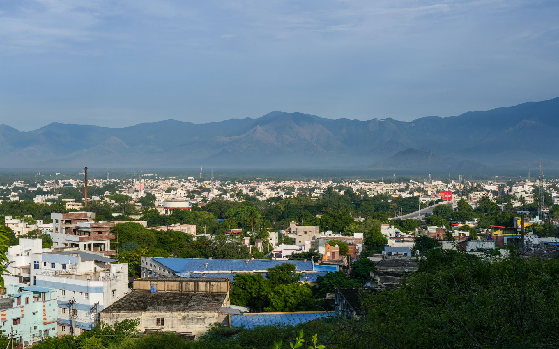 View of Rajapalayam from the east from Sanjeevi Hills. Railway…