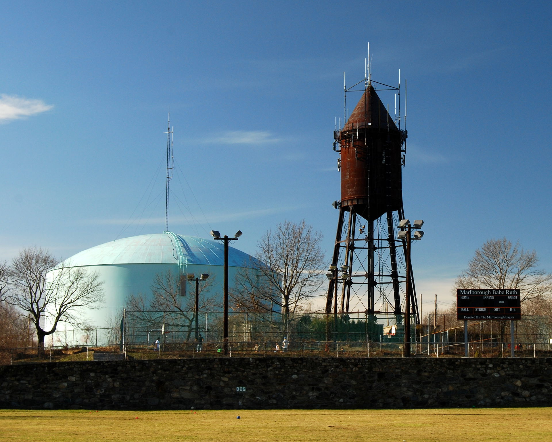 Old and new water towers in Marlborough, Massachusetts.