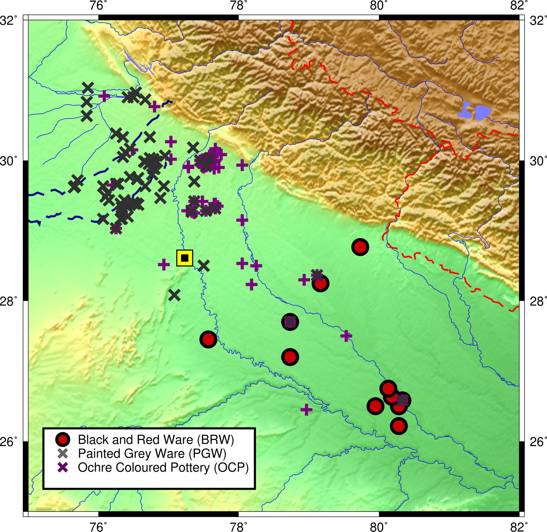 Sites map in Upper Ganges-Yamuna plain, w/ Black-Red Pottery , …