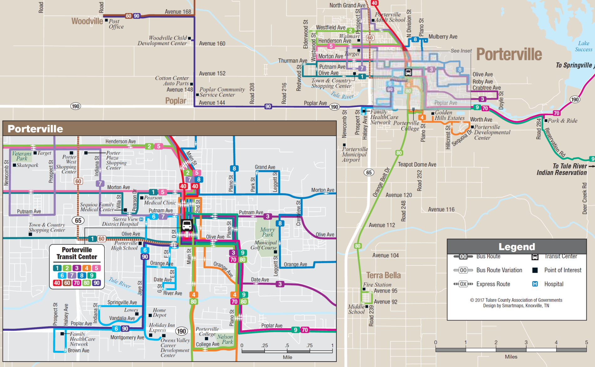 Map of Porterville Transit bus routes, including TCaT intercity…