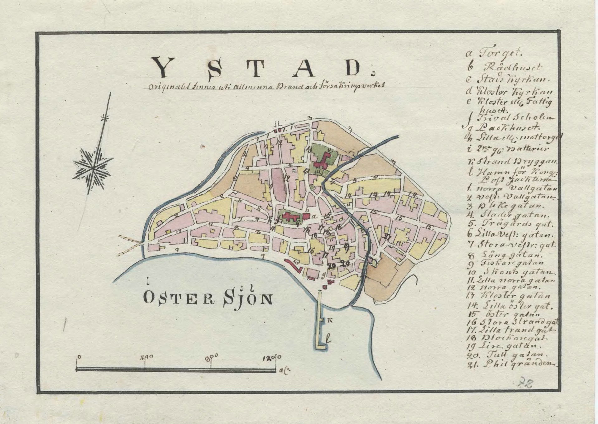 Hand drawn 18th century map of Ystad, Sweden