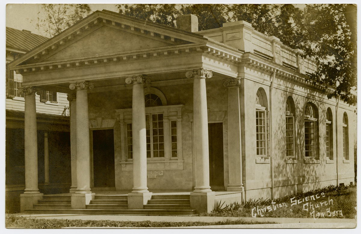 Real photo view of a Christian Science church. A sign beneath …