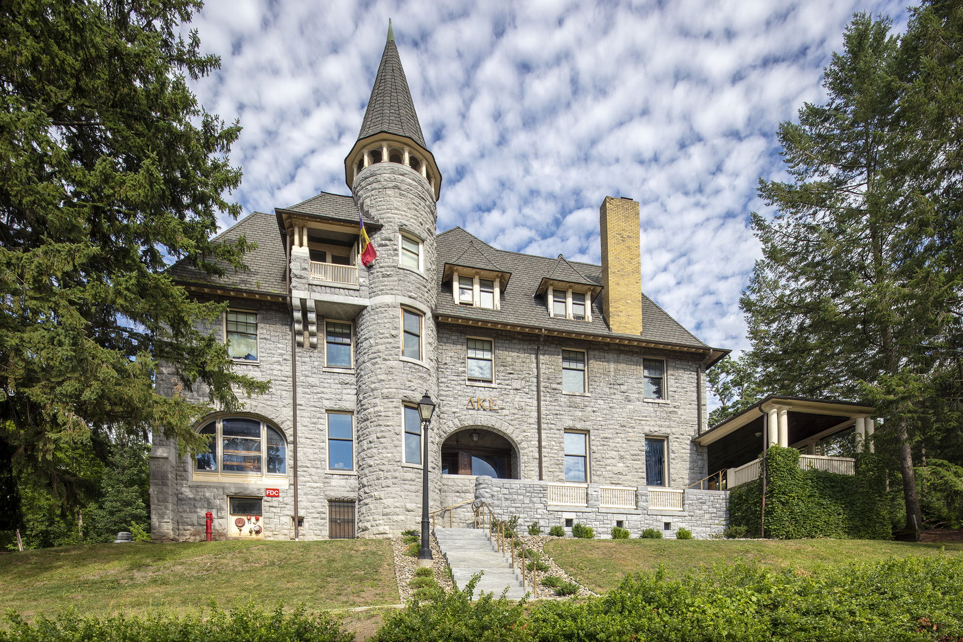 Daytime view of front entrance of Deke House, designed by Willi…