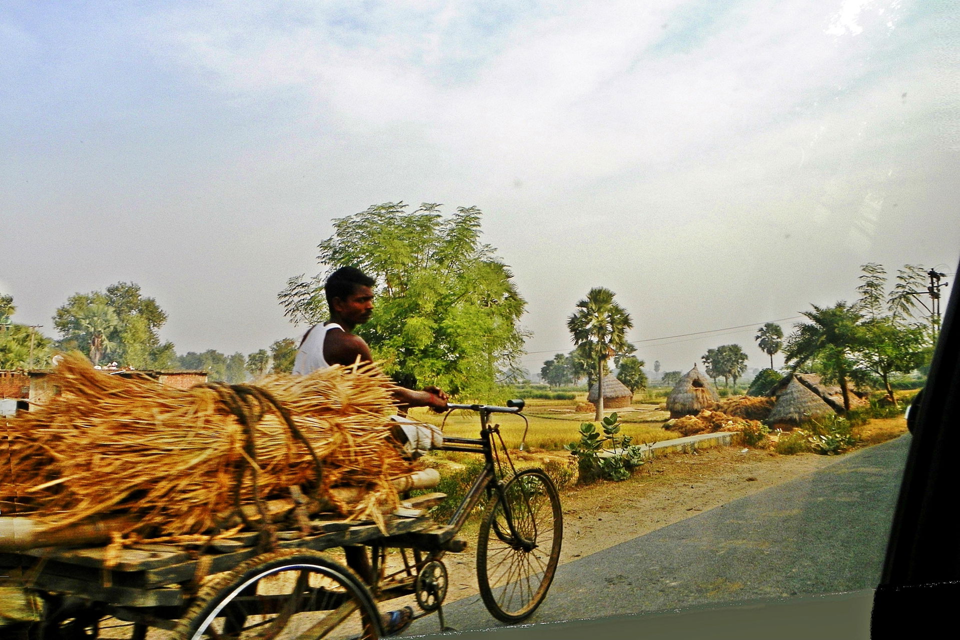 A man transporting stuff on an adjusted bicycle in rural landsc…