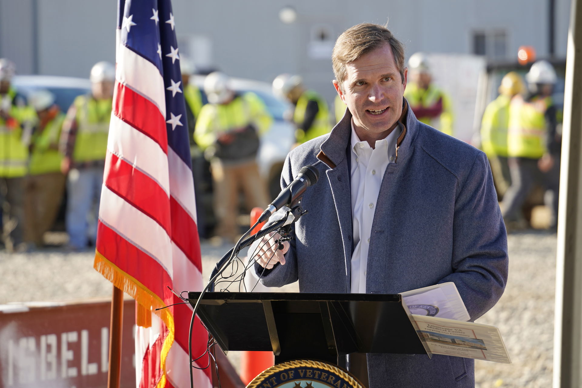 Kentucky Governor Andy Beshear shares comments during the Louis…