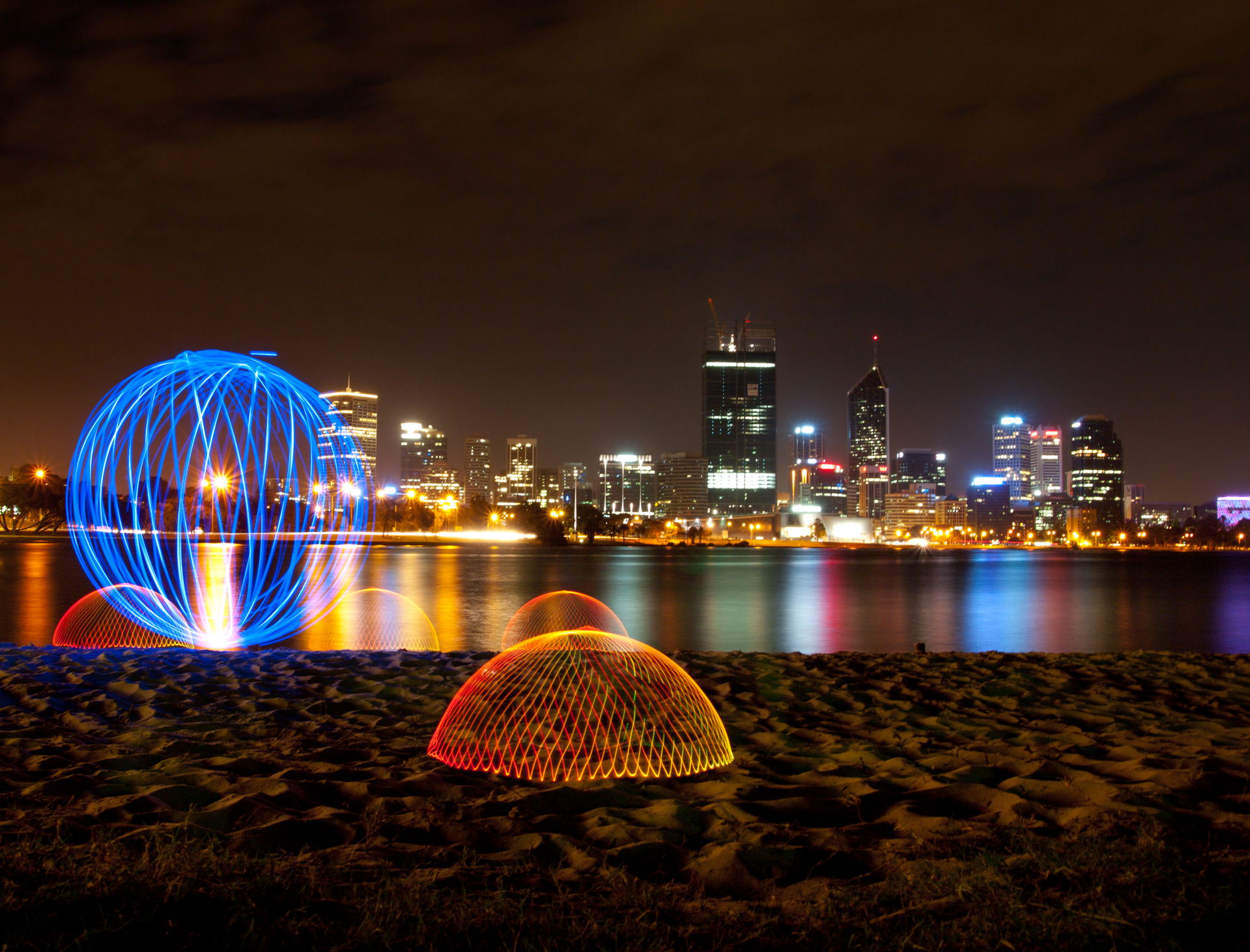 Light painting, orb and domes on the bank of the Swan River, Pe…