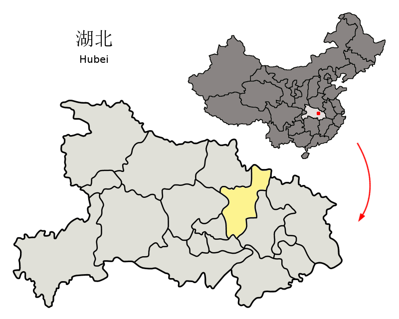 Location of Xiaogan Prefecture (yellow) within Hubei Province o…