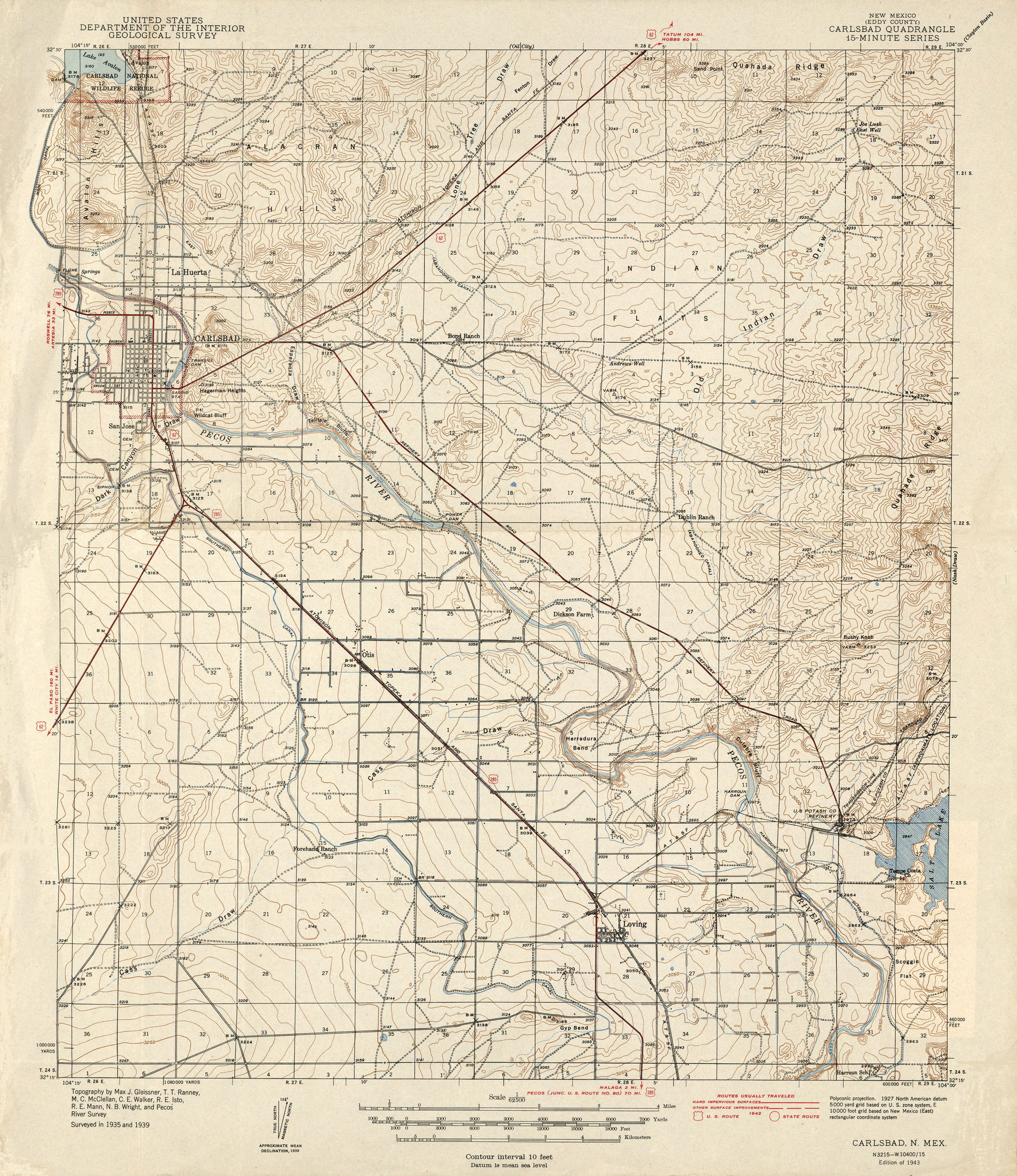 Carlsbad, New Mexico Quadrangle Topographical Map, 1943.
