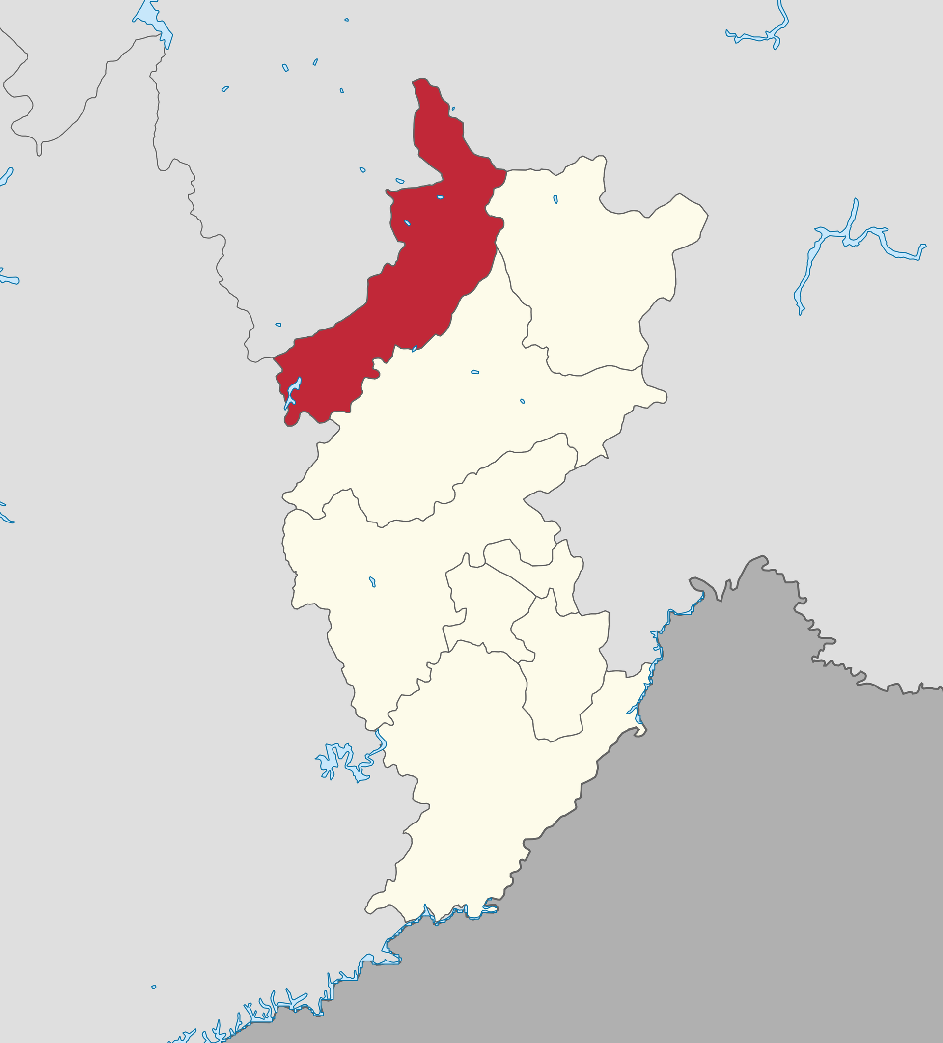 Meihekou City (red) is located in Tonghua City (yellow), China …