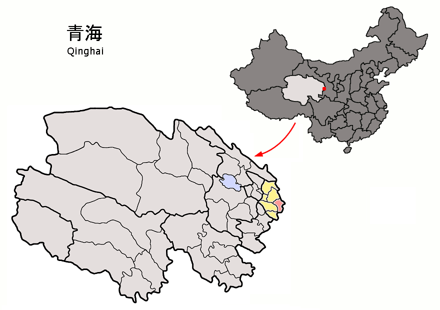 Location of Minhe County (pink) and Haidong Prefecture (yellow)…