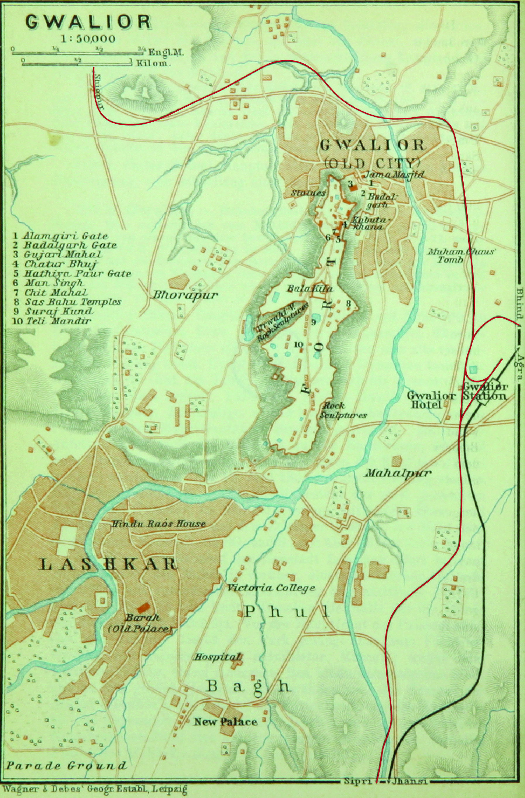 Based on File:Gwalior (Baedeker, 1914).jpg, with the Gwalior Li…