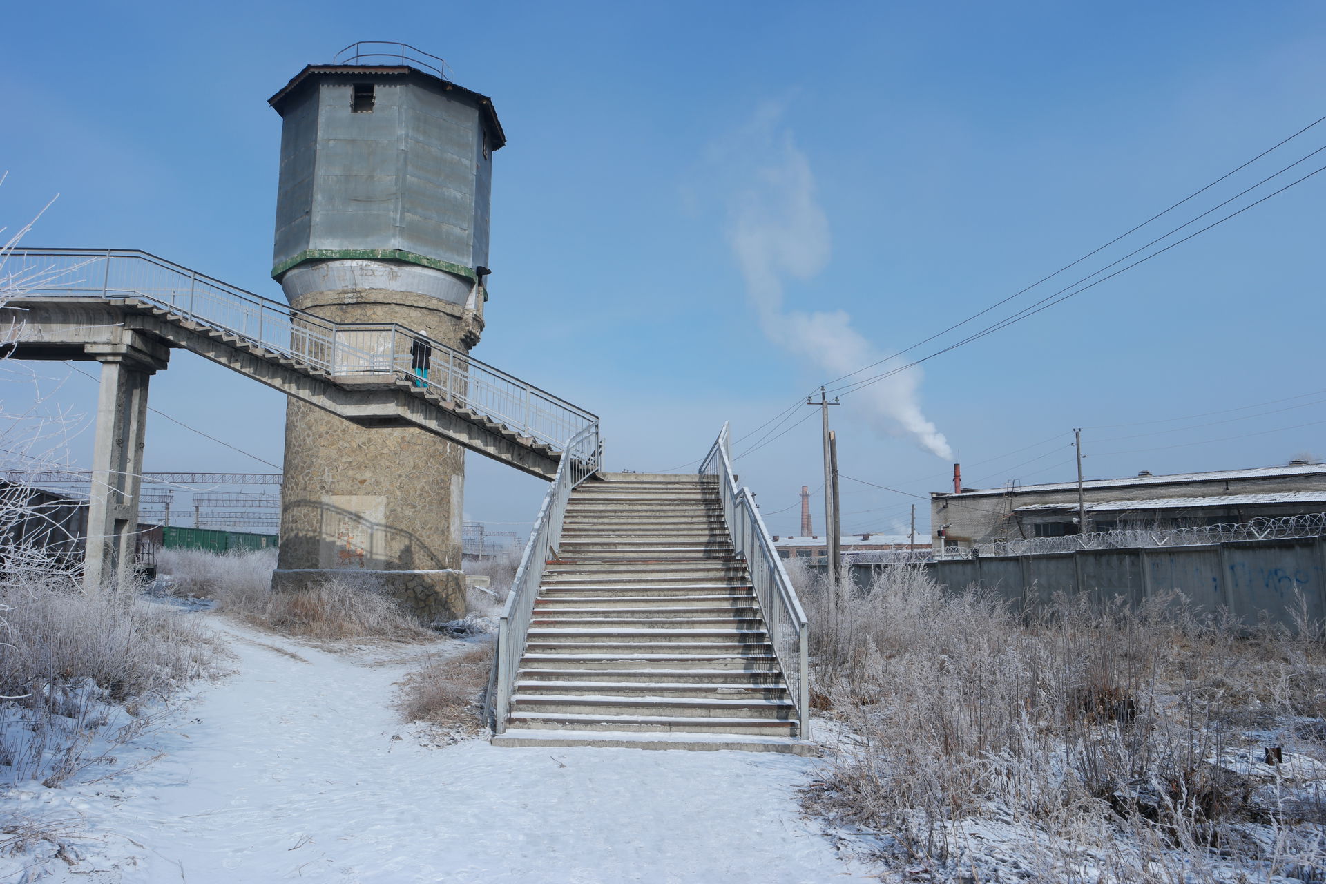 Water tower near railway in Svobodny, Amur Oblast, Russia.