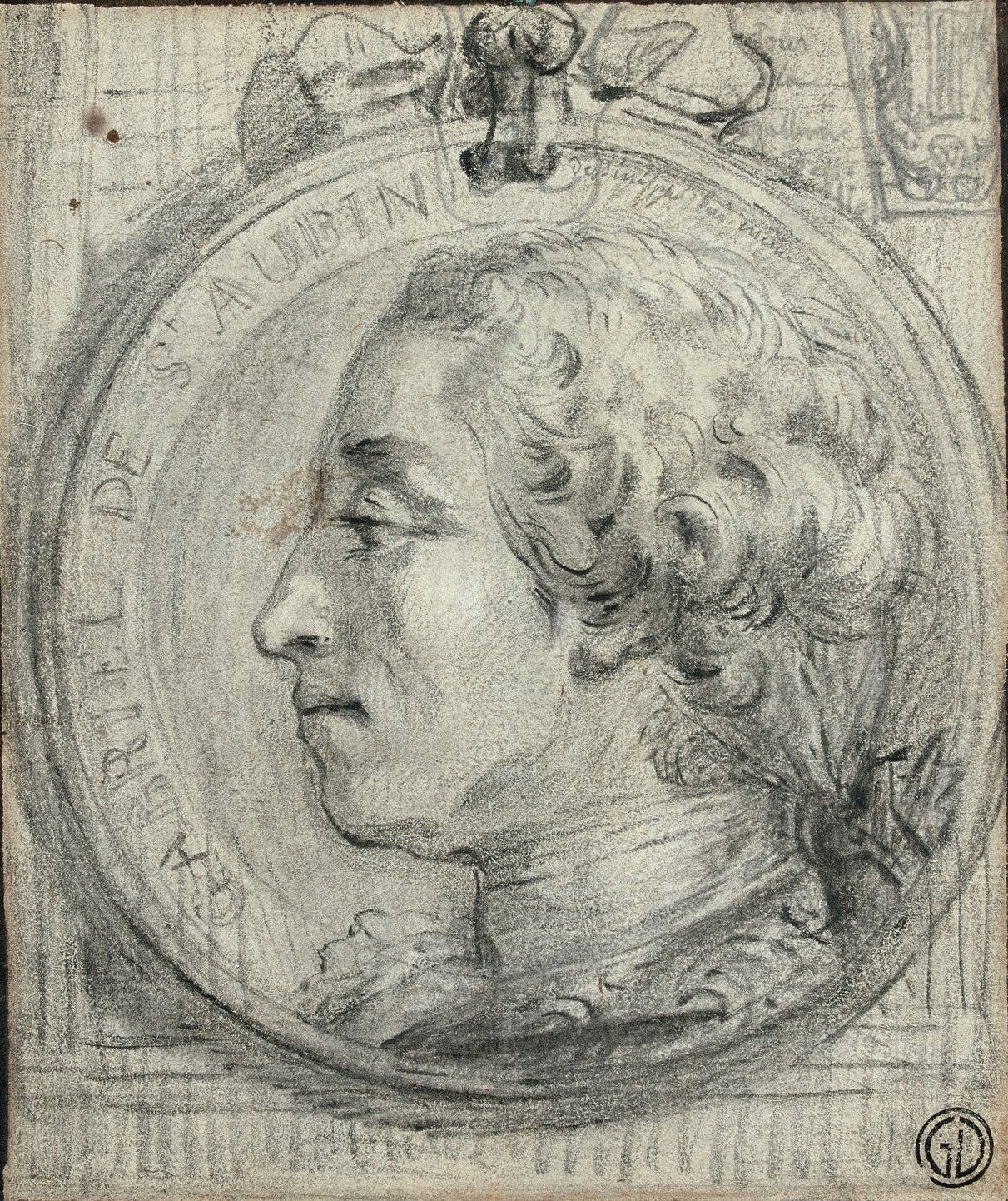 The artist's self-portrait in a medallion. Black chalk and stum…